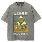 Unisex Frog Sushi Printed Washed Tee