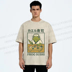 Unisex Frog Sushi Printed Washed Tee