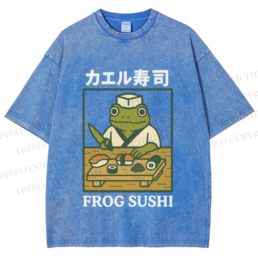 Unisex Frog Sushi Printed Washed Tee