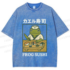 Unisex Frog Sushi Printed Washed Tee