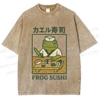 Unisex Frog Sushi Printed Washed Tee