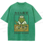 Unisex Frog Sushi Printed Washed Tee