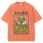 Unisex Frog Sushi Printed Washed Tee