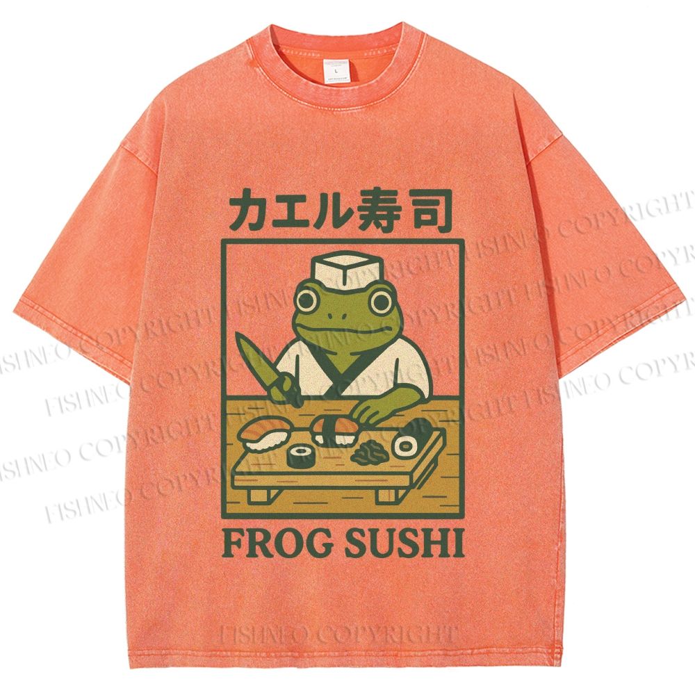 Unisex Frog Sushi Printed Washed Tee