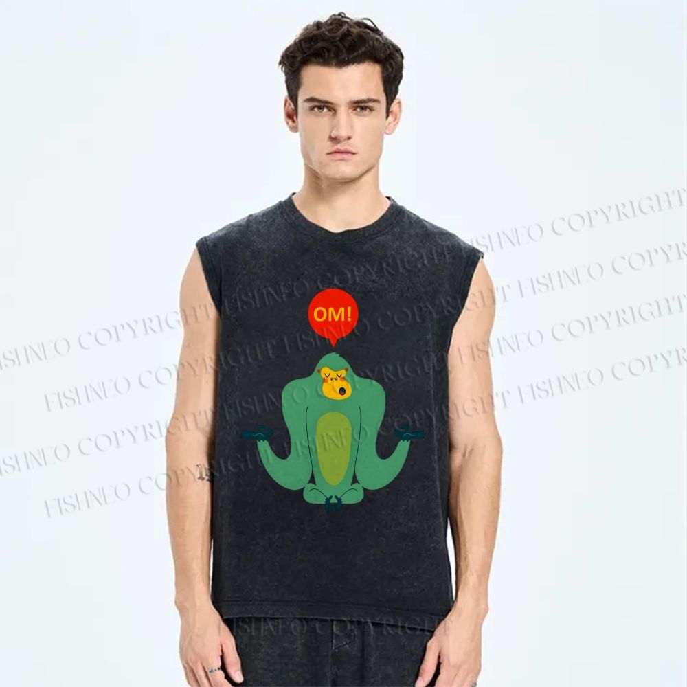 Unisex Green Monkey Say OM Printed Washed Tank Top