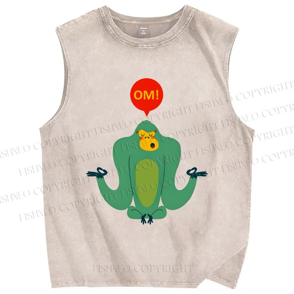 Unisex Green Monkey Say OM Printed Washed Tank Top
