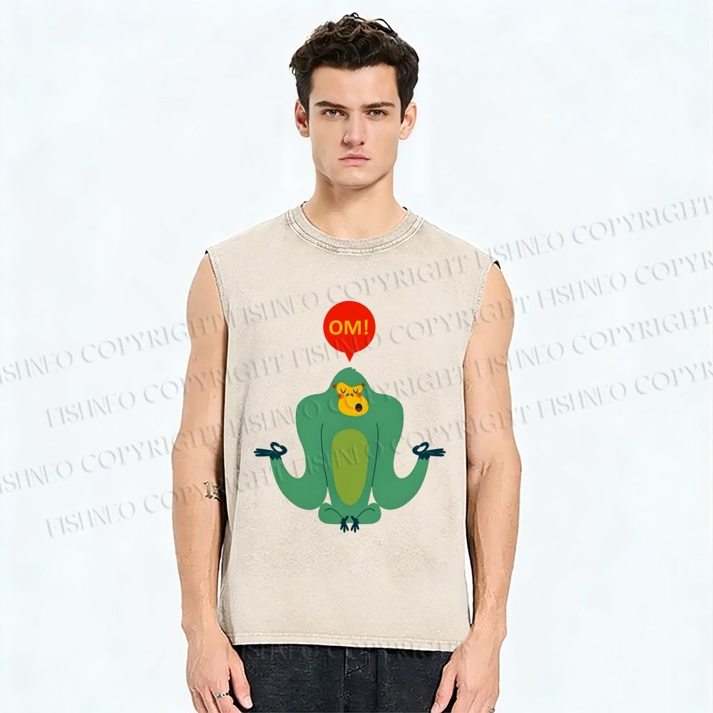 Unisex Green Monkey Say OM Printed Washed Tank Top