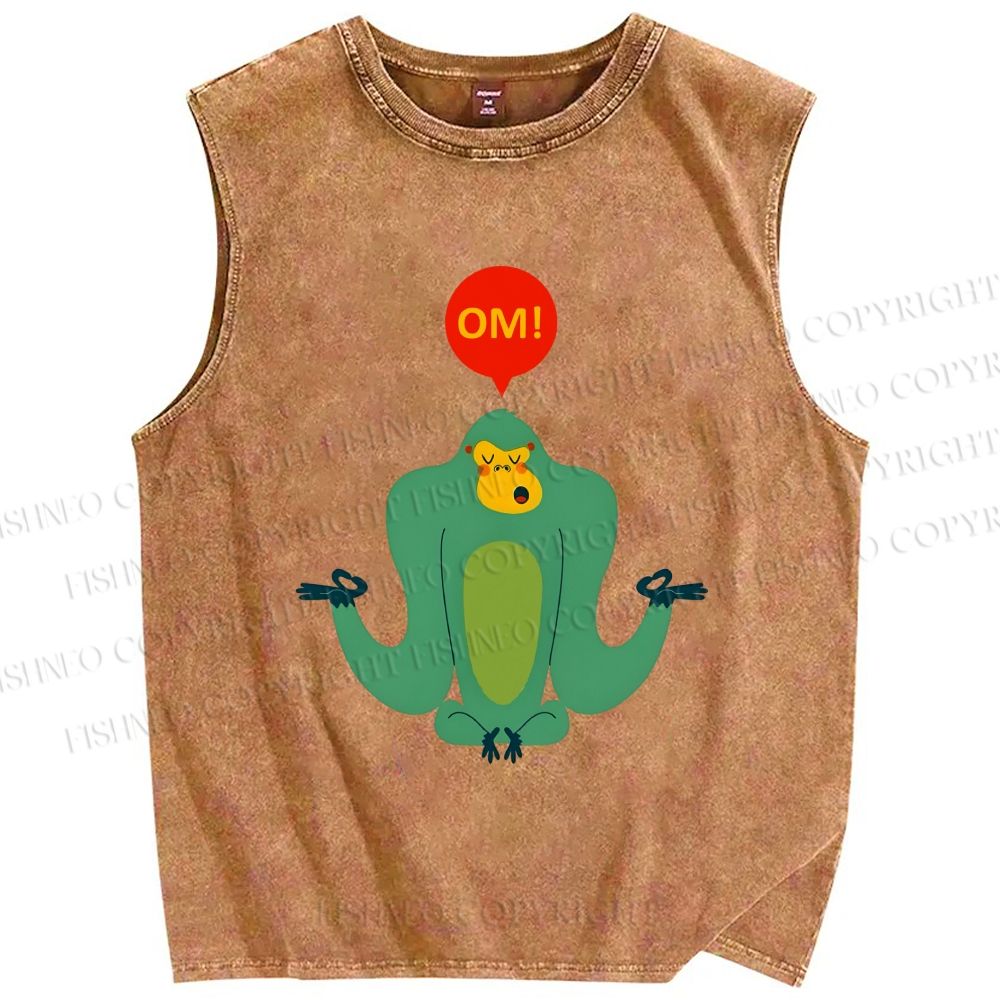 Unisex Green Monkey Say OM Printed Washed Tank Top