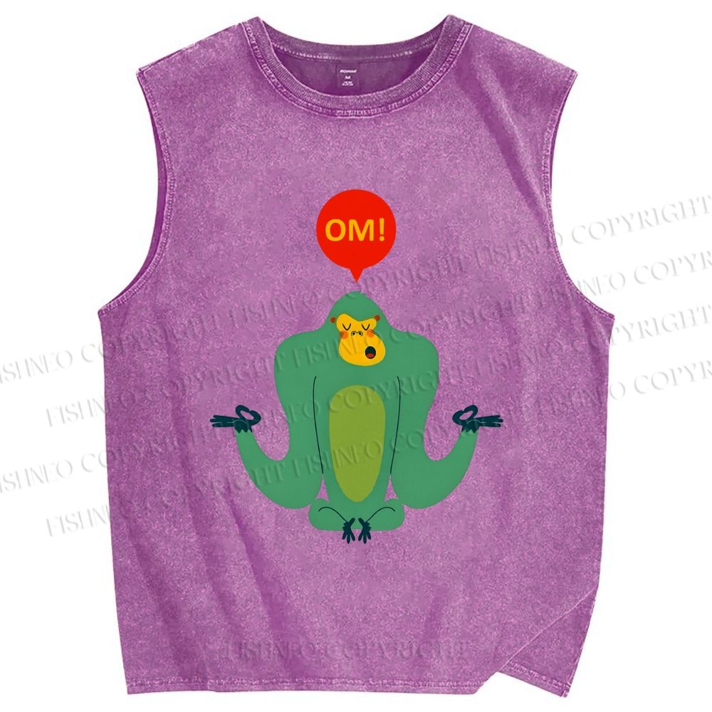 Unisex Green Monkey Say OM Printed Washed Tank Top