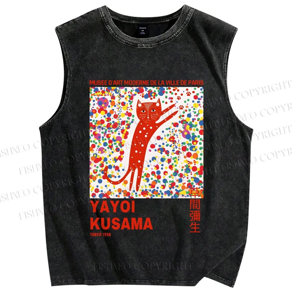 Unisex Yayoi Kusama Red Cat With Dots Printed Washed Tank Top