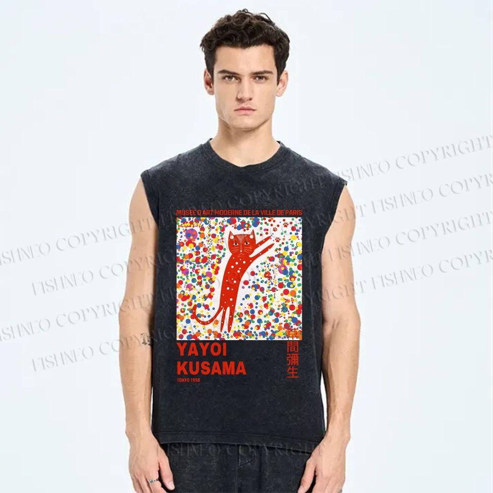 Unisex Yayoi Kusama Red Cat With Dots Printed Washed Tank Top
