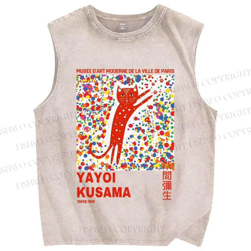 Unisex Yayoi Kusama Red Cat With Dots Printed Washed Tank Top
