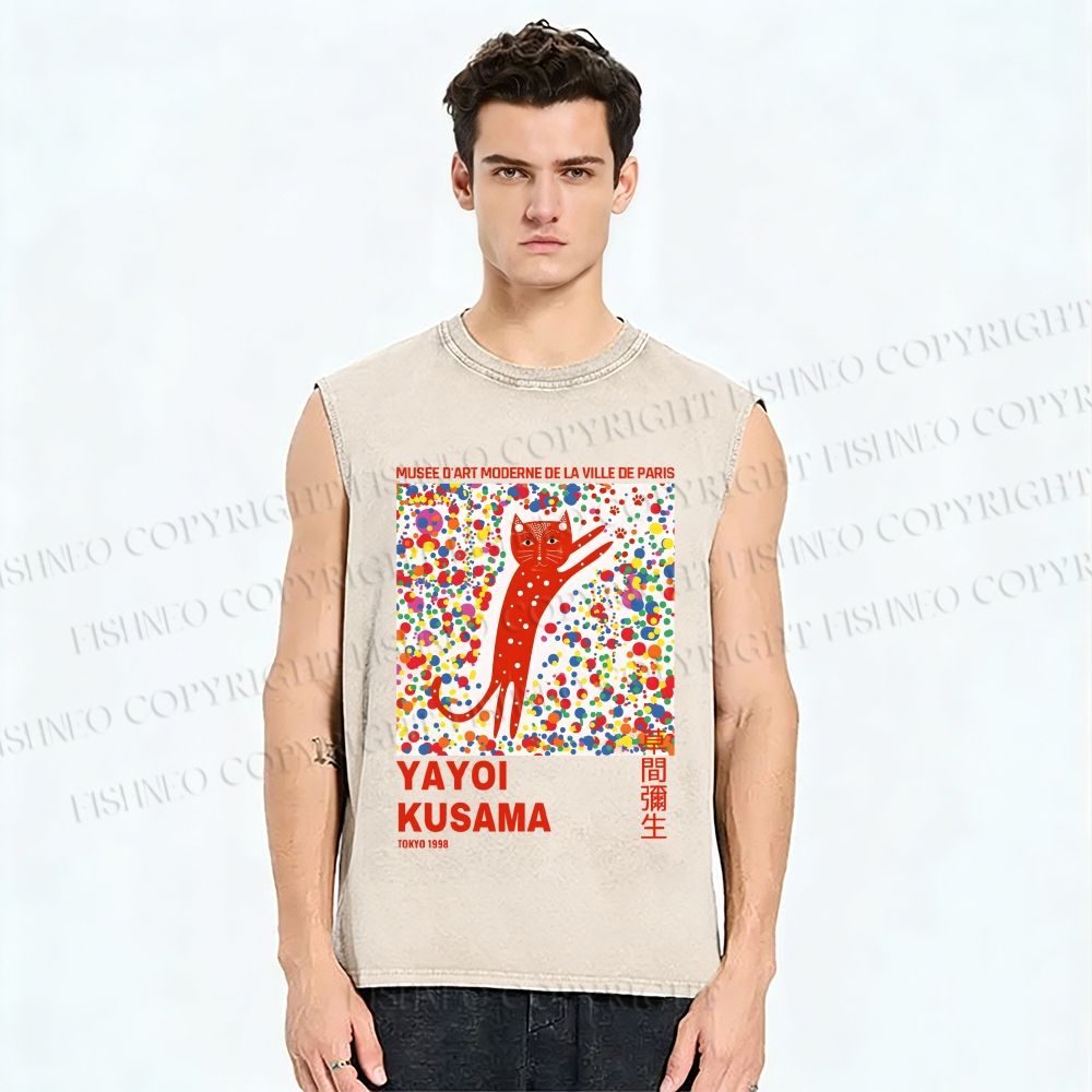 Unisex Yayoi Kusama Red Cat With Dots Printed Washed Tank Top