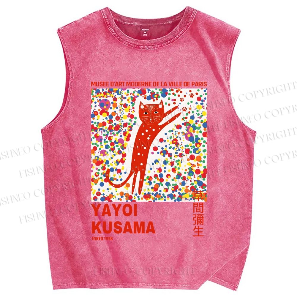 Unisex Yayoi Kusama Red Cat With Dots Printed Washed Tank Top