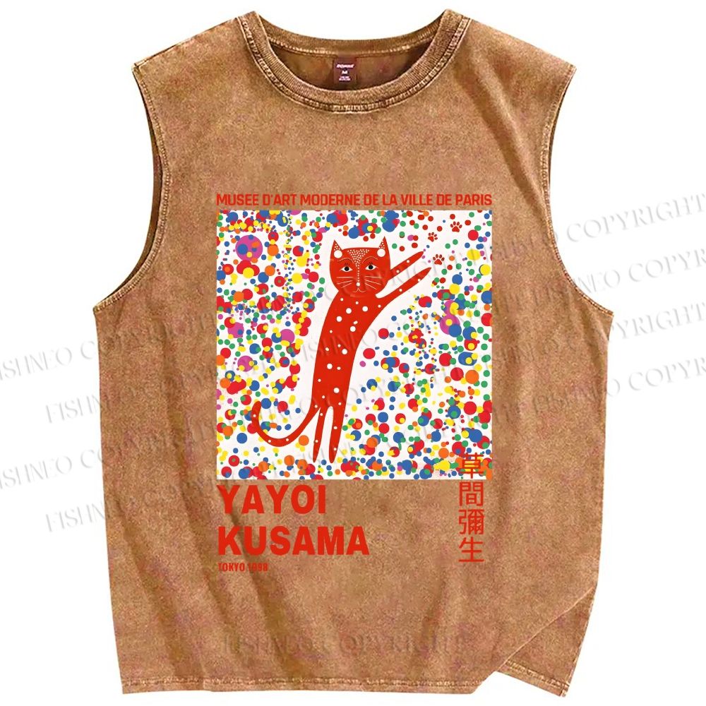 Unisex Yayoi Kusama Red Cat With Dots Printed Washed Tank Top