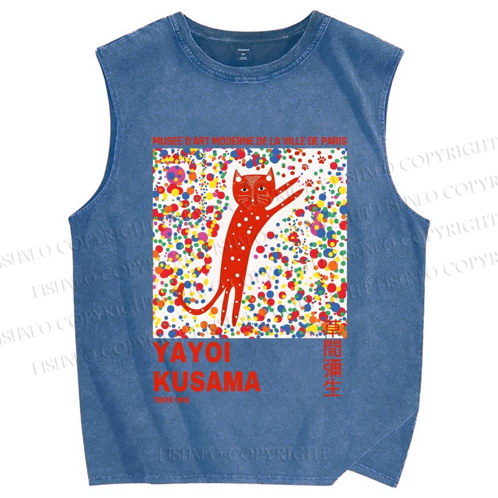 Unisex Yayoi Kusama Red Cat With Dots Printed Washed Tank Top