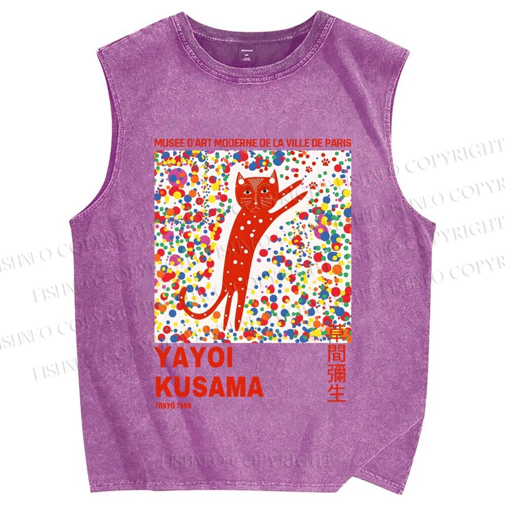 Unisex Yayoi Kusama Red Cat With Dots Printed Washed Tank Top