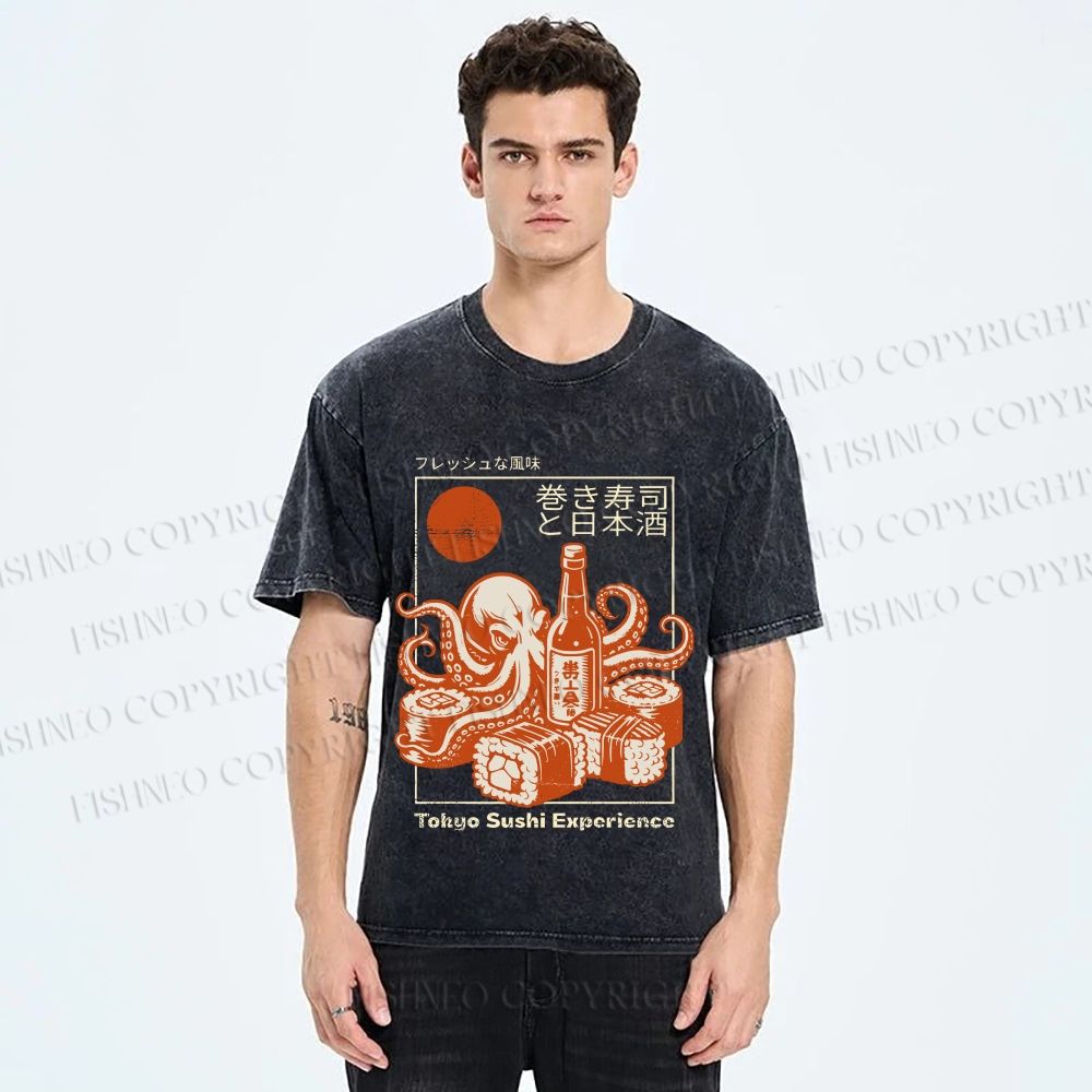 Unisex Octopus Sushi Printed Washed Tee