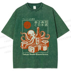 Unisex Octopus Sushi Printed Washed Tee