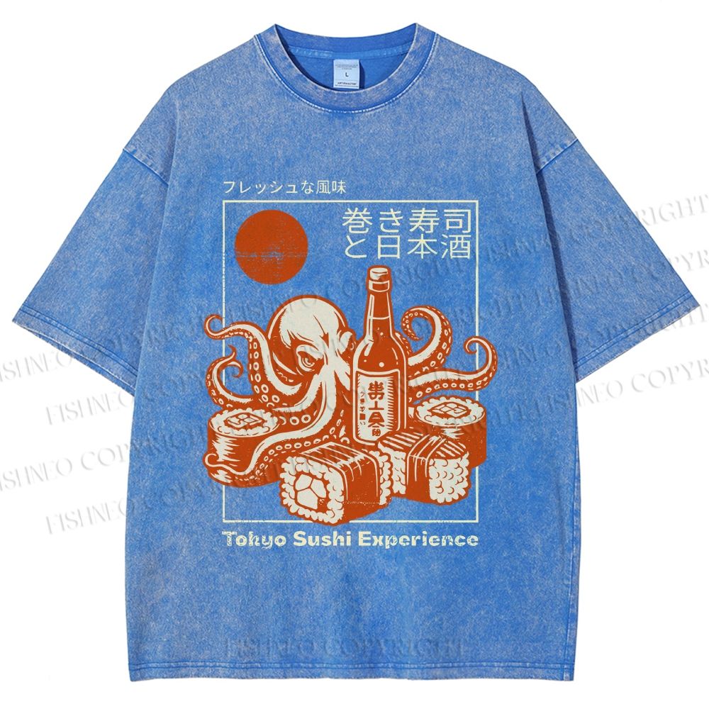 Unisex Octopus Sushi Printed Washed Tee