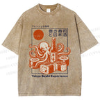 Unisex Octopus Sushi Printed Washed Tee