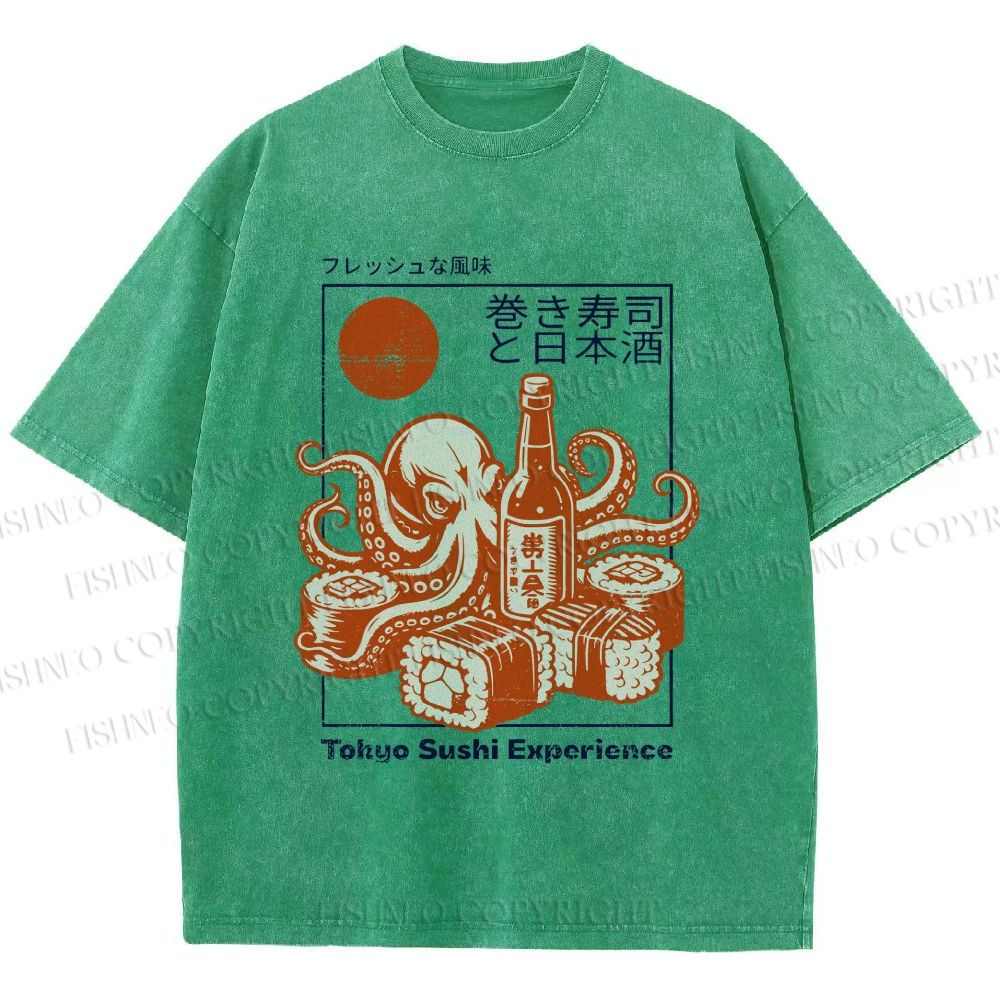 Unisex Octopus Sushi Printed Washed Tee