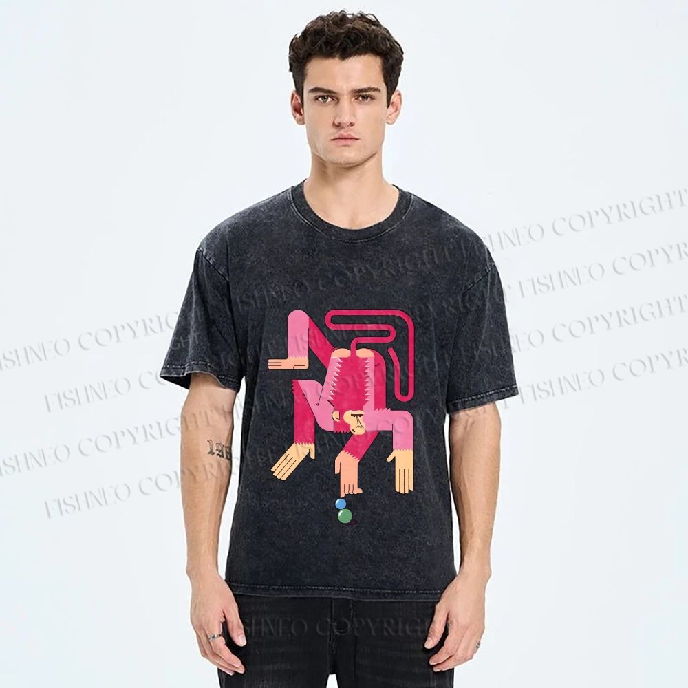Unisex Funny Pink Monkey Printed Washed Tee