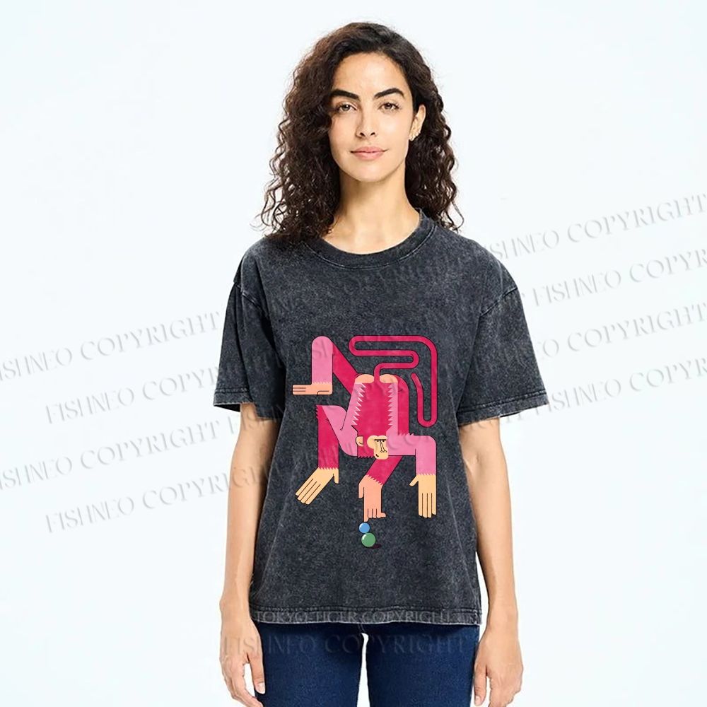 Unisex Funny Pink Monkey Printed Washed Tee