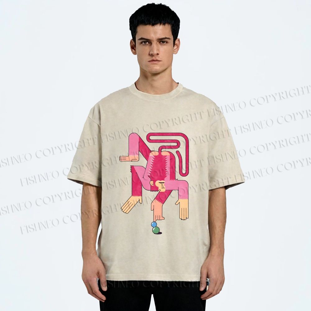 Unisex Funny Pink Monkey Printed Washed Tee