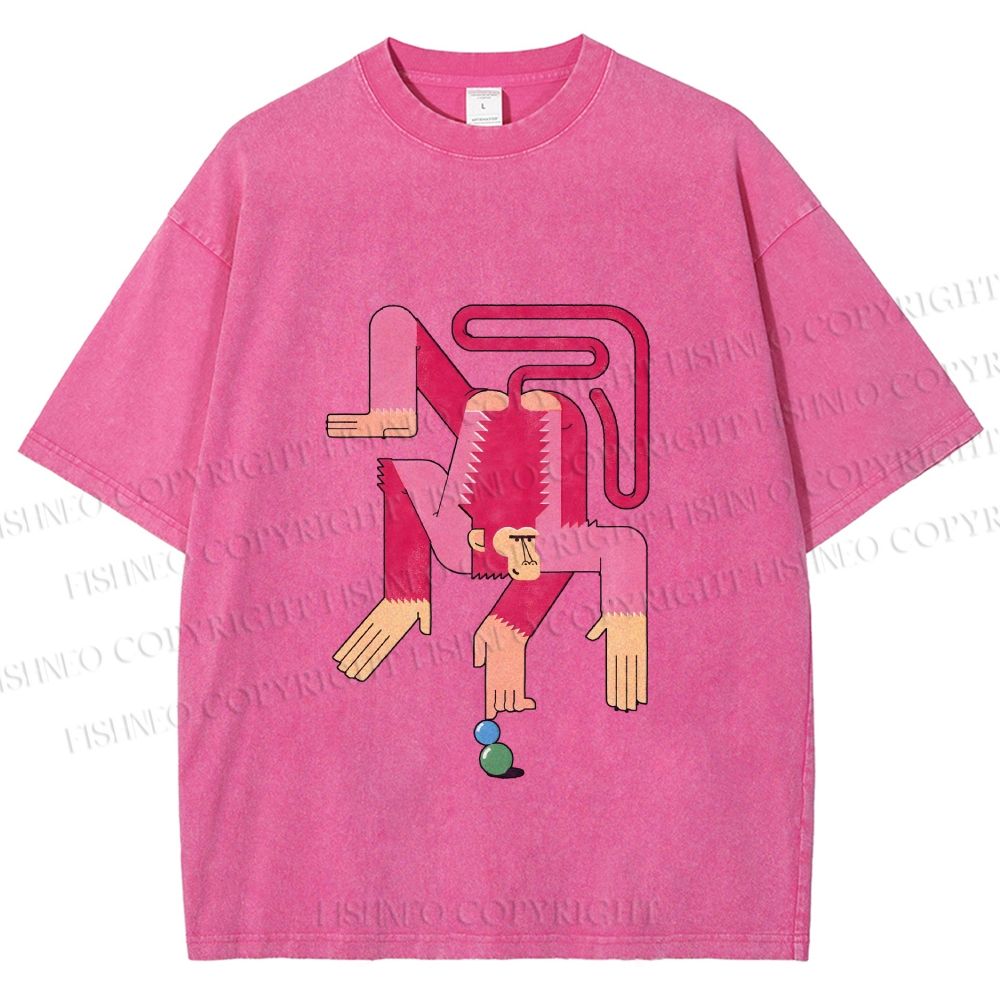 Unisex Funny Pink Monkey Printed Washed Tee