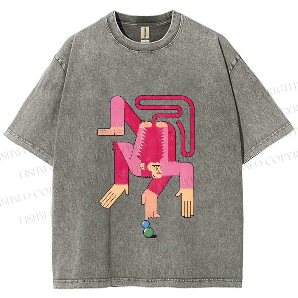 Unisex Funny Pink Monkey Printed Washed Tee