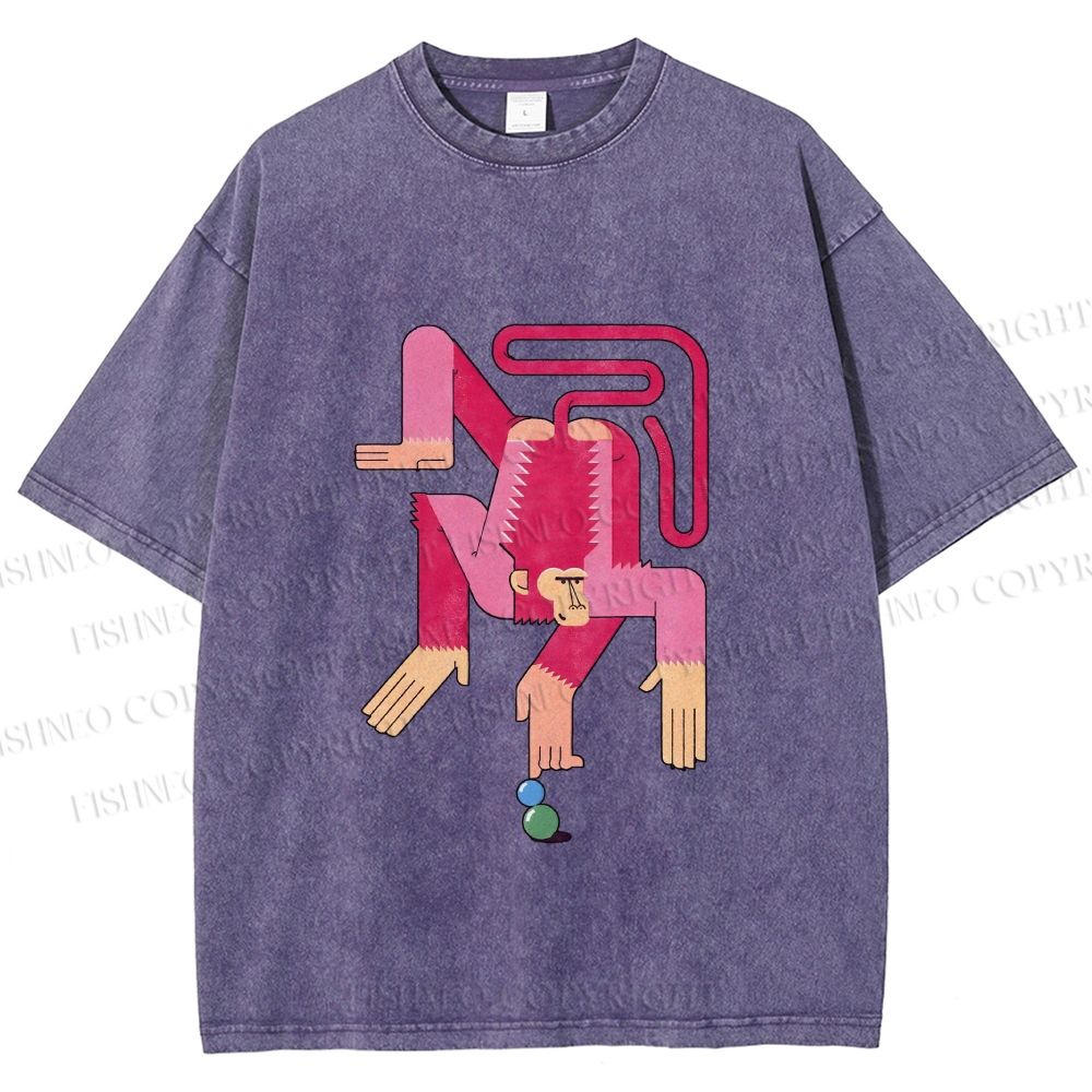 Unisex Funny Pink Monkey Printed Washed Tee