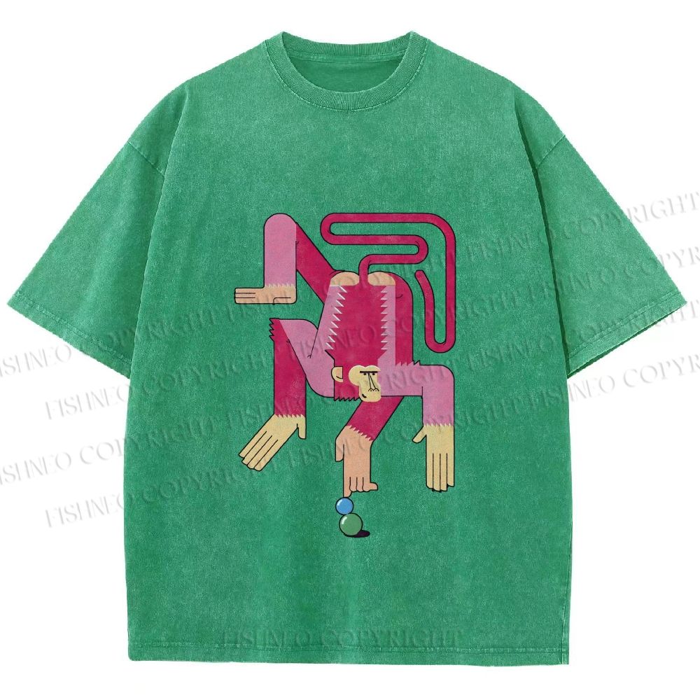 Unisex Funny Pink Monkey Printed Washed Tee