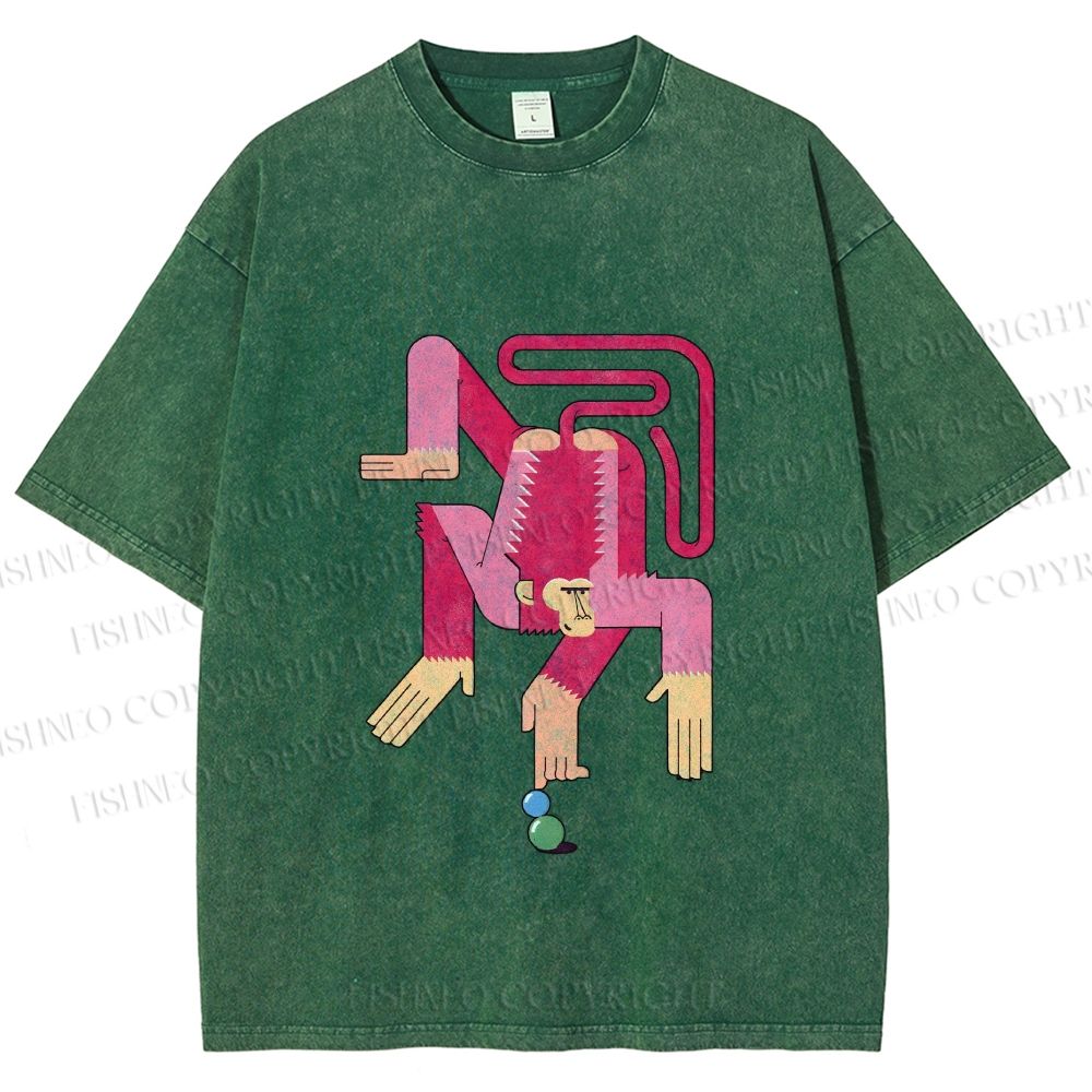 Unisex Funny Pink Monkey Printed Washed Tee