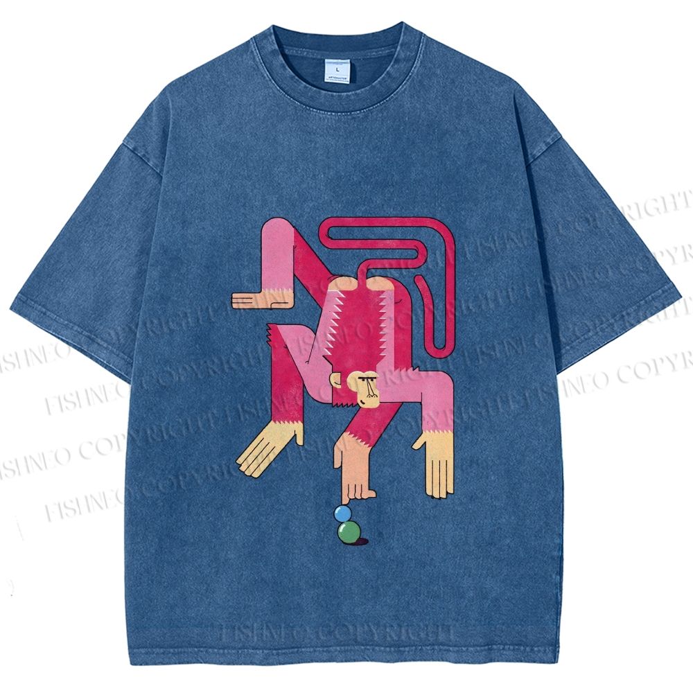 Unisex Funny Pink Monkey Printed Washed Tee