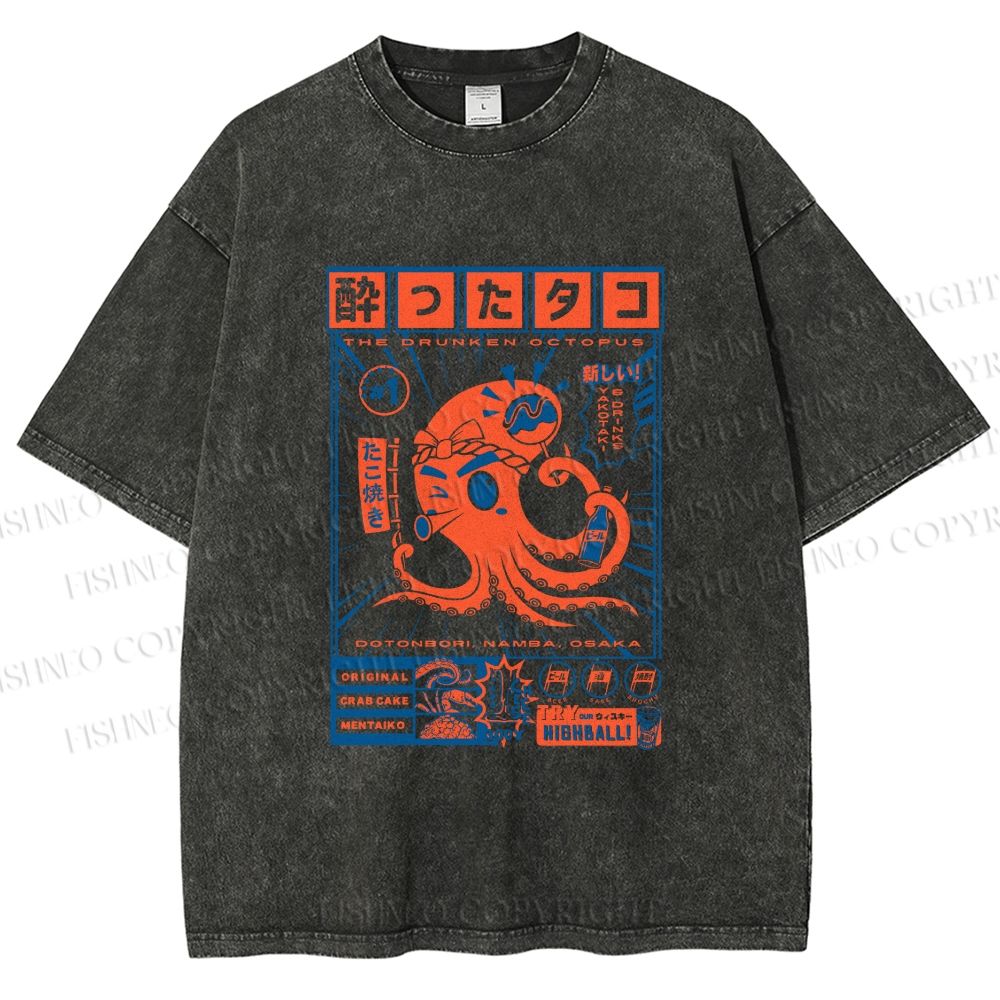 Unisex The Drunken Octopus Printed Washed Tee