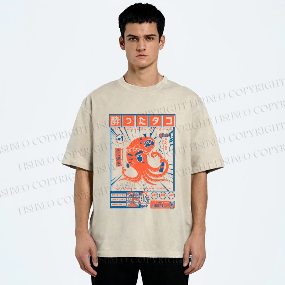 Unisex The Drunken Octopus Printed Washed Tee