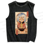 Unisex Ramen Cat Printed Washed Tank Top