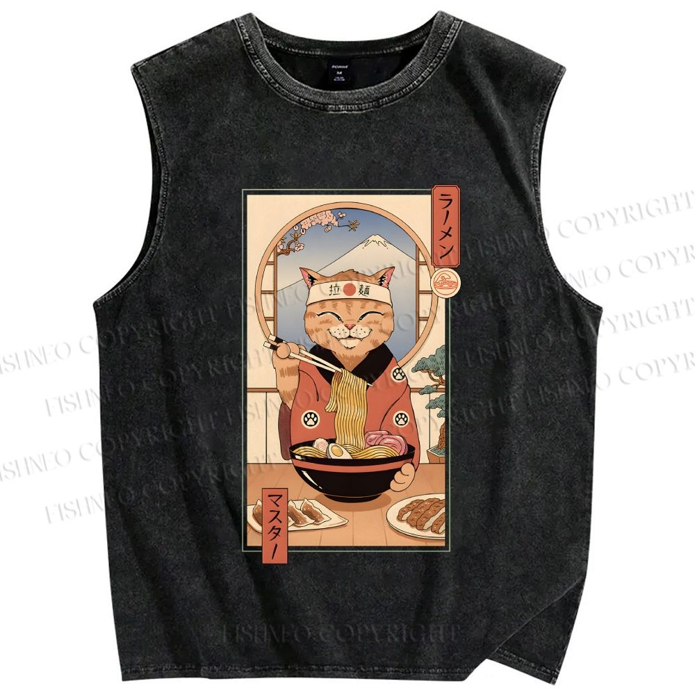 Unisex Ramen Cat Printed Washed Tank Top