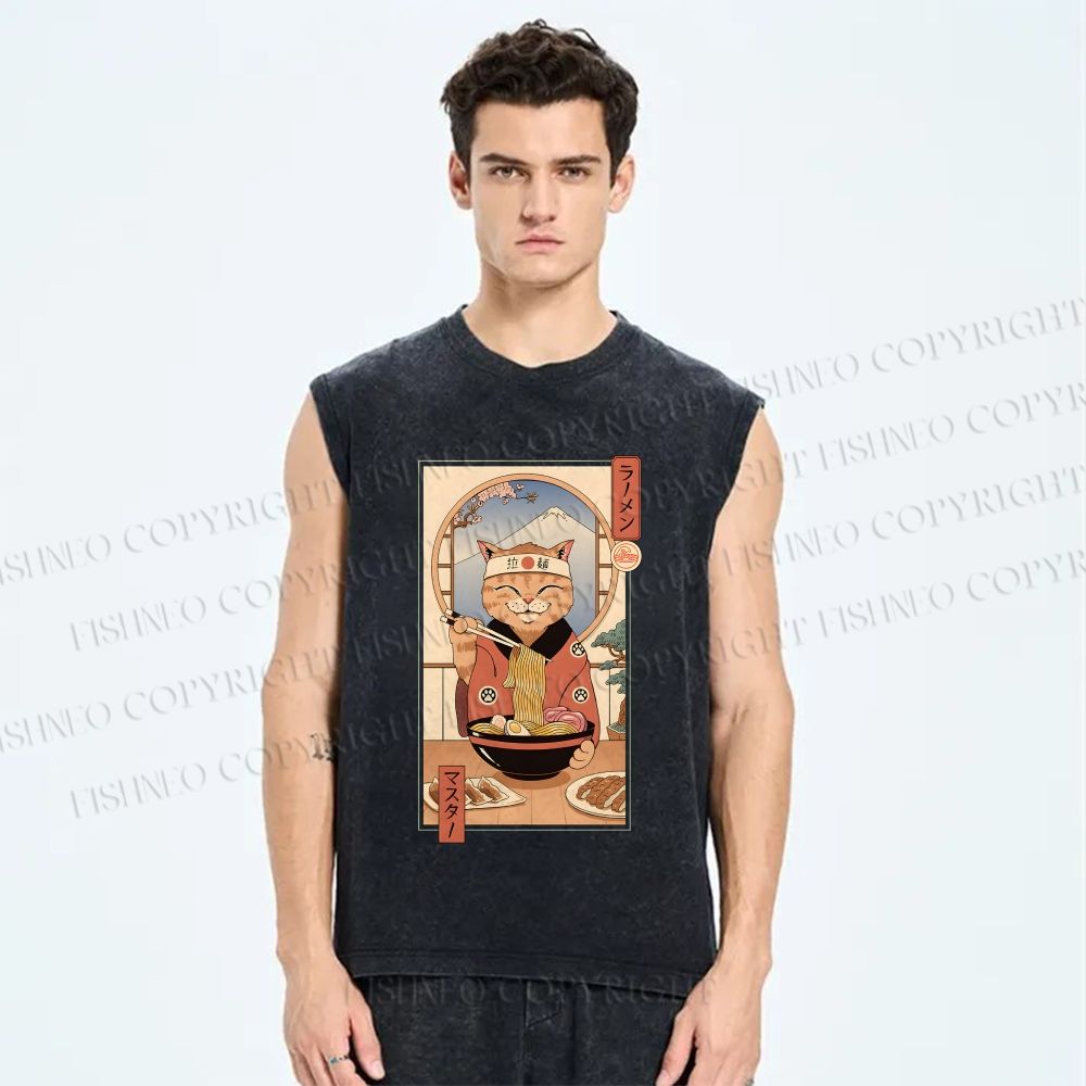 Unisex Ramen Cat Printed Washed Tank Top