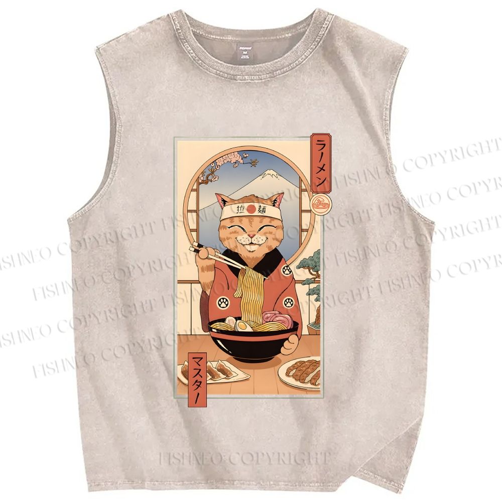 Unisex Ramen Cat Printed Washed Tank Top