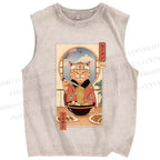 Unisex Ramen Cat Printed Washed Tank Top