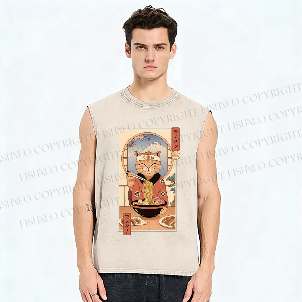 Unisex Ramen Cat Printed Washed Tank Top