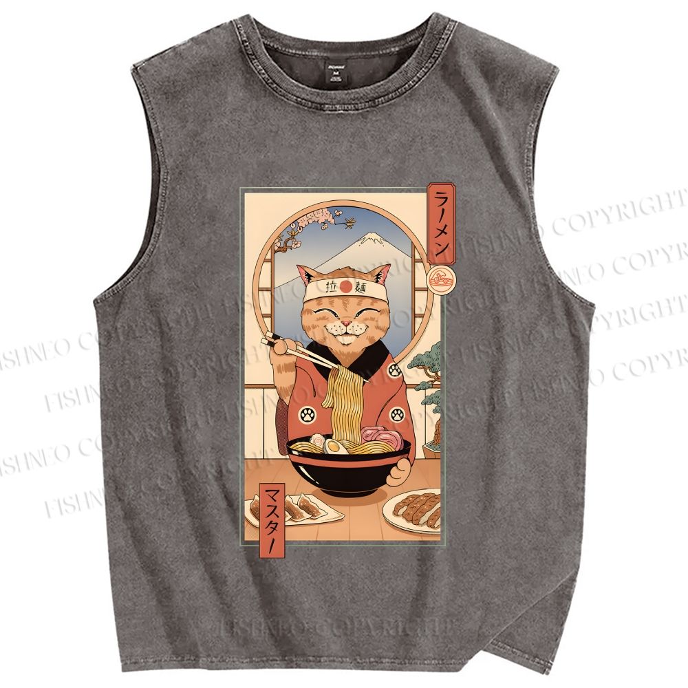 Unisex Ramen Cat Printed Washed Tank Top