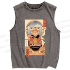 Unisex Ramen Cat Printed Washed Tank Top
