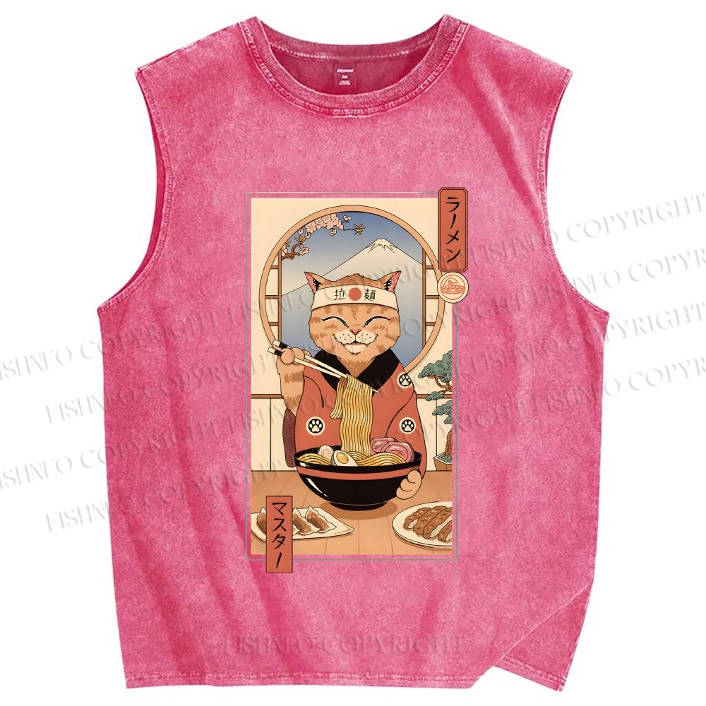 Unisex Ramen Cat Printed Washed Tank Top