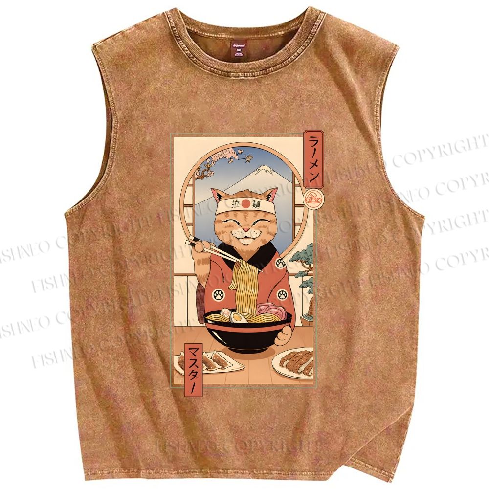 Unisex Ramen Cat Printed Washed Tank Top