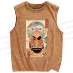 Unisex Ramen Cat Printed Washed Tank Top