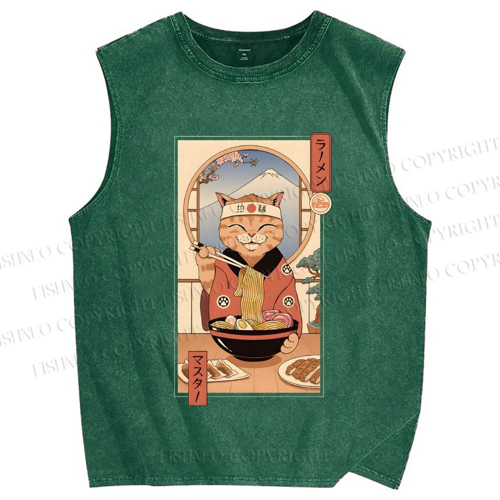 Unisex Ramen Cat Printed Washed Tank Top