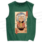 Unisex Ramen Cat Printed Washed Tank Top